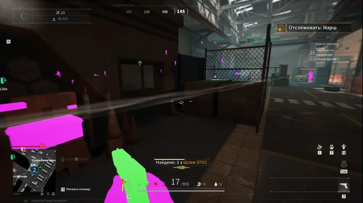 Chams screenshot in an industrial warehouse: pink player outlines glow through walls with the provider's hotkey panel on the right