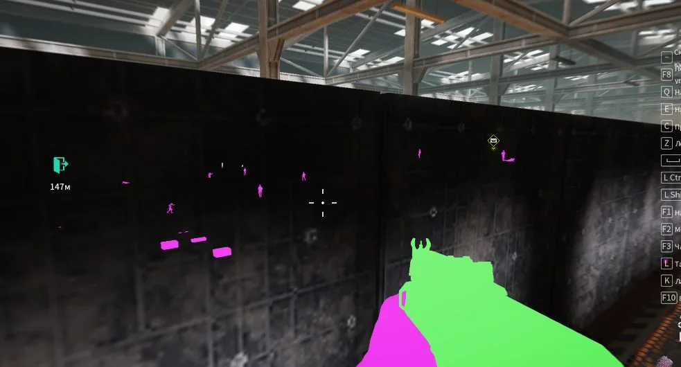 Pink chams silhouettes render through a warehouse wall beside a 147-meter door marker, with the cheat's keybind list at screen edge
